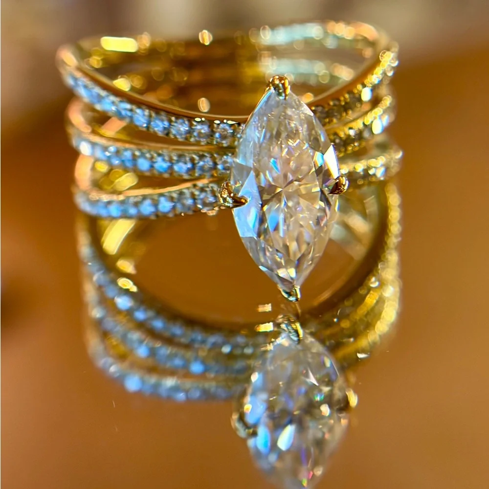 New Certified 18K Gold Plated S925 2CT Marquise Moissanite Stacked bridal Ring 7